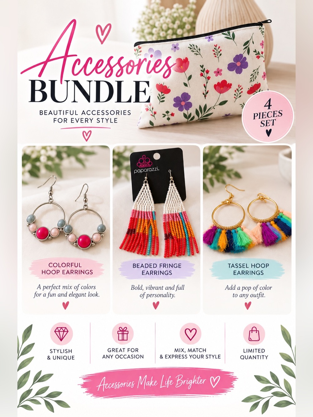COLORFUL BUNDLE OF 3 PAIR OF EARRINGS WITH FLORAL POUCH.